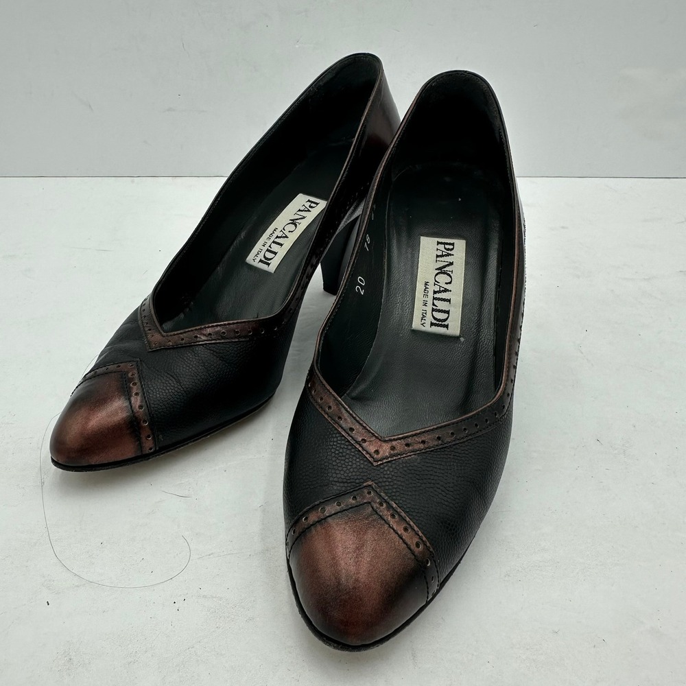 Pancaldi Womens Leather Wingtip Brogue Heels Pumps Sz 6.5 B Bronze Black Italian